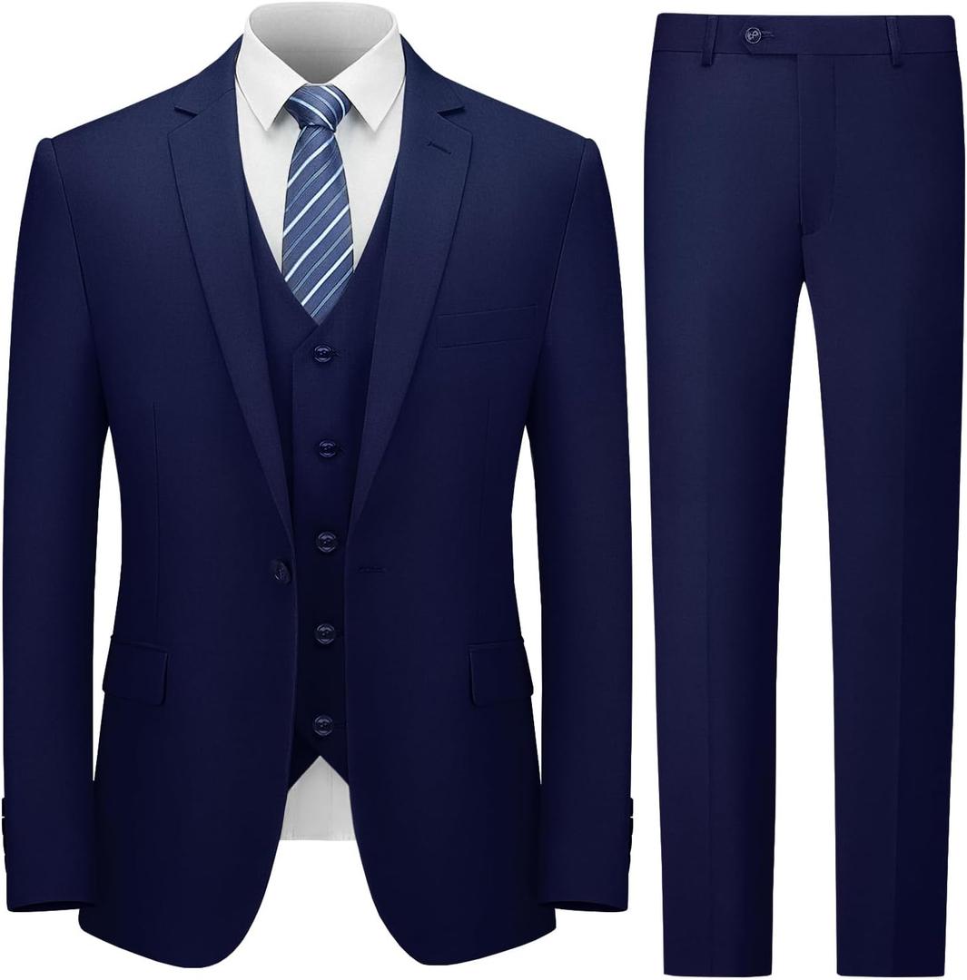 Cooper & Nelson Men's Suit Slim Fit, 3 Piece Suits for Men, One Button Solid Jacket Vest Pants with Tie, Tuxedo Set (XX-Large, Navy)