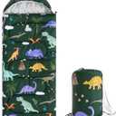 Wake In Cloud - Kids Sleeping Bag for Boys Toddlers, Camping in Warm Cold Weather, Backpacking Lightweight Compact Outdoor Liner for 3 Seasons, Watercolor Dinosaurs (Standard 61x26, Dark Green)