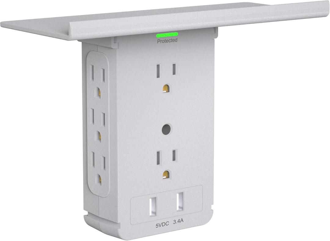 Socket Wall Shelf-CFMASTER 10 Port Surge Protector Wall Outlet, 8 Electrical Outlet Extenders and 2 USB Ports 2.4A, with Removable Built-In Shelf, FCC Listed (1, Gray) (Grey)