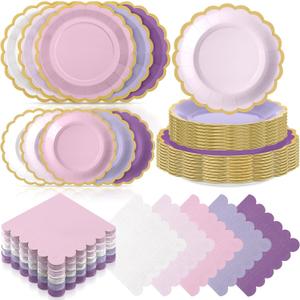 Zhehao 150 Pcs Pink and Purple Plates and Napkins Tableware Serves 50 Includes 9 Inch 7 Inch Purple Scalloped Edges Paper Plate and Napkins for Wedding Birthday Baby Shower Party