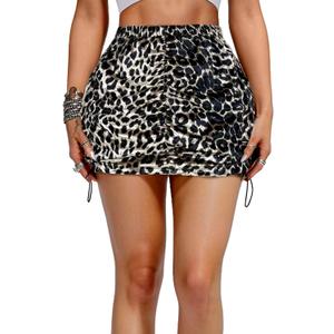 Leopard Velvet Skirts for Women - Y2K Casual Winter High Waisted Bodycon Pencil Ruched Mini Skirt Side Drawstring and Pockets L (Brown, L)