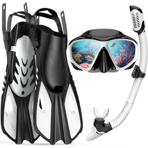 Mask Fin Snorkel Set, Travel Size Snorkeling Gear for Adults with Panoramic View Anti-Fog Mask, Fins, Dry Top Snorkel for Swimming Training, Snorkeling Kit Diving Packages (Large-X-Large, White)