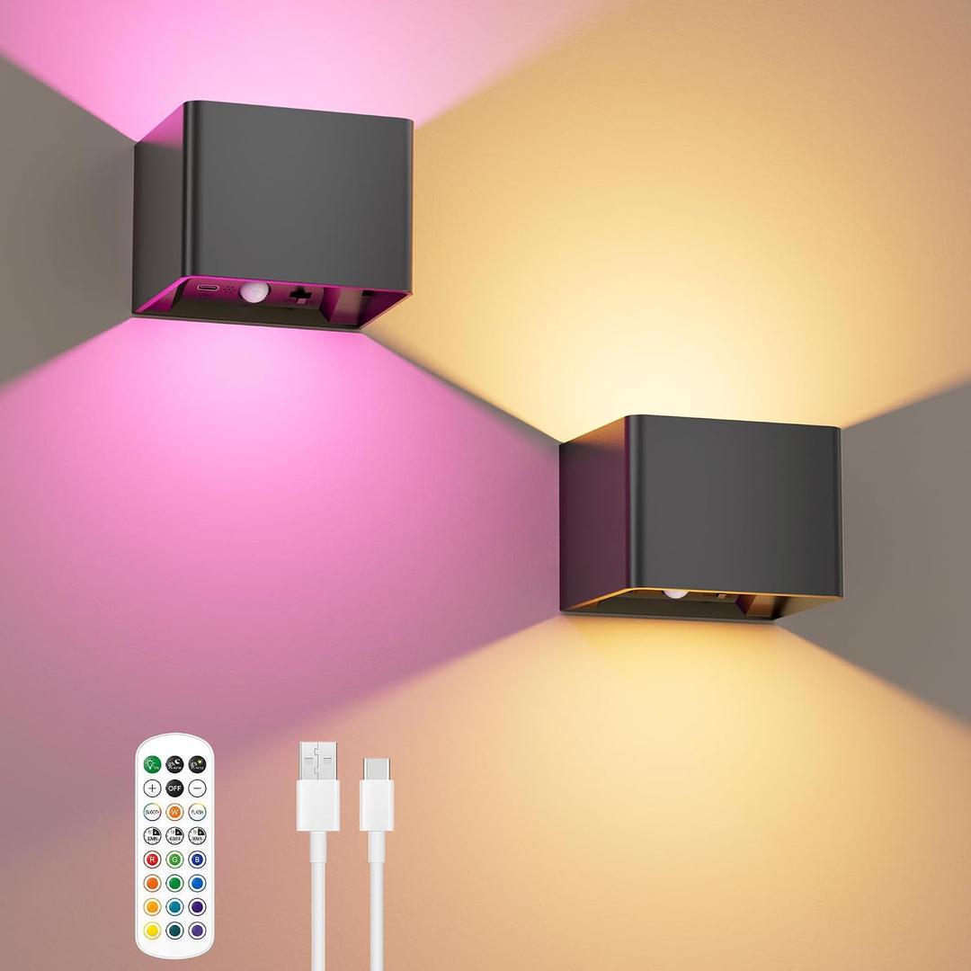 iMaihom Motion Sensor Wall Light with Remote, 5000mAh Rechargeable Wall Sconces, Up Down Wireless Indoor Lights, 12 RGB Colors with Warm Glow & Cool White, Dimmable for Hallway Bedroom Stairs, 2 Pack