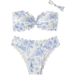 SHENHE Women's 2 Piece Bandeau Bikini Sets Floral Print Scalloped Boho Strapless Swimsuits Small