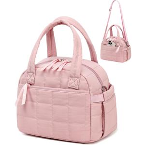 LEDAOU Lunch Box for Women Lunch bag Quilted Puffer Lunch Box with adjustable strap Insulated Reusable LunchBox for Work School Picnic Travel (Pink)