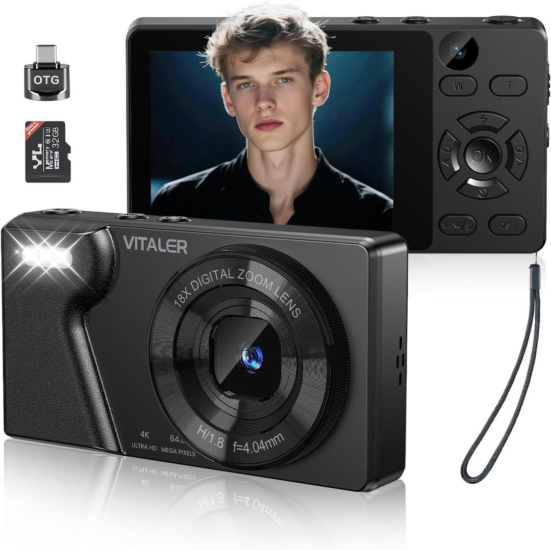 Digital Camera with Front Rear Lens, Autofocus 64MP 4K Camera for Photography with 32GB Card, Portable Compact Point and Shoot Camera for Teens Adult Beginner with Metal Shell, 2000mAh Battery