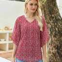 Uhiger 3/4 Length Sleeve Womens Tops V Neck Chiffon Blouse Dressy Casual Double Layered for Weekend Outings and Everyday Wear (Red, L)