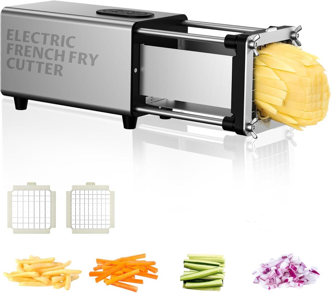 YOTAN Electric French Fry Cutter, French Fry Cutter with 1/2 & 3/8 Inch Blade, Commercial and Household Electric Potato Cutter, Automatic Potato Slicer, Vegetable Cutter, House Warming Gifts (Silver)
