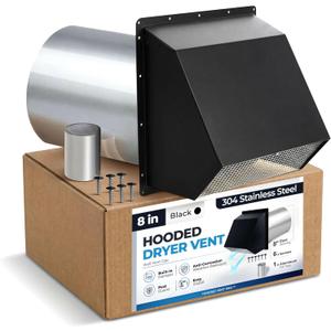 8" Black Dryer Vent Cover - 304 Stainless Steel Wall Cap, Screen and Damper