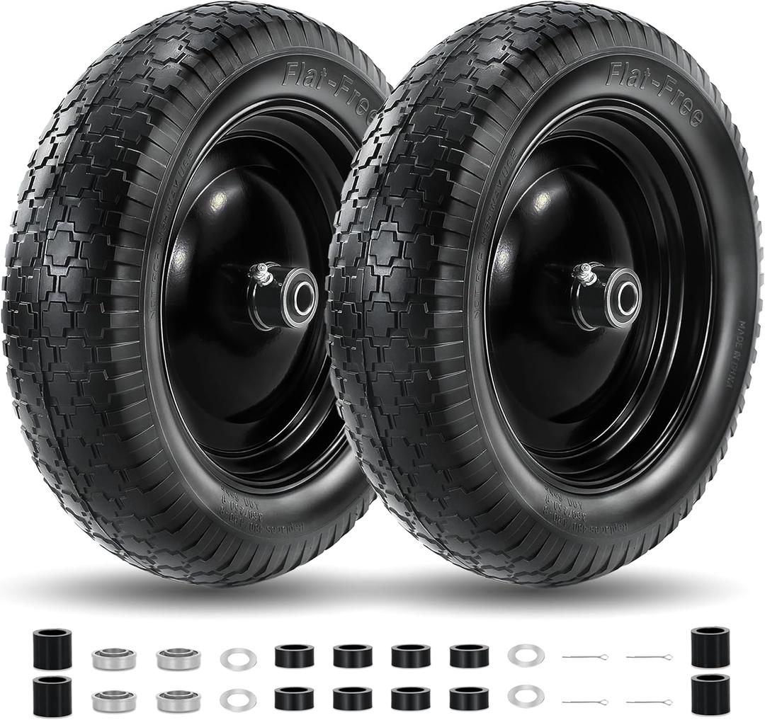 2PC 4.80/4.00-8 Flat Free Tire and Wheel, 14.5" Solid Wheelbarrow Tire with 5/8" & 3/4" Bearings and 3-7" Centered Hub for Gorilla Cart, Garden Cart, Hand Truck, Trolley, Wagons,Universal Fit 4.00-6