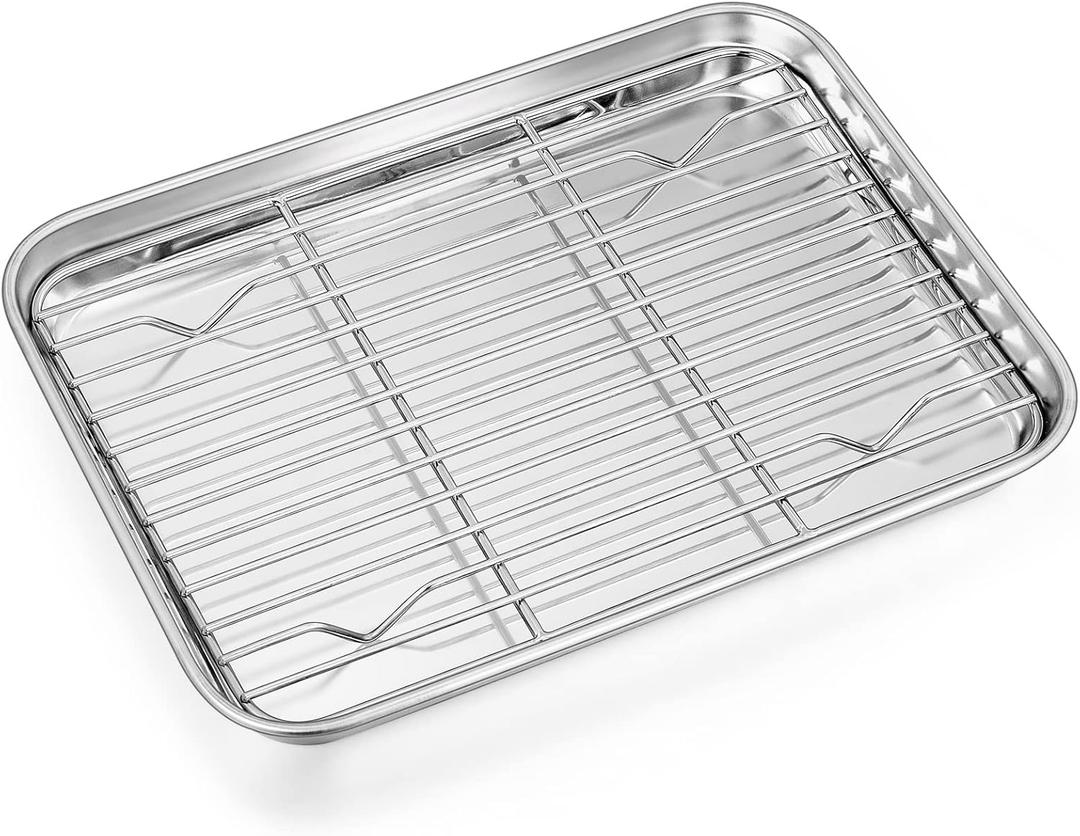 P&P CHEF 9 Inch Baking Sheet Pan with Rack Set, Stainless Steel Cookie Sheet Pan Tray with Cooling Rack for Oven Use, Cooking Roasting, Non Toxic & Dishwasher Safe, Heavy Duty
