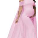 Maternity Mesh Off Shoulder Chiffon Cloak Maxi Photoshoot Dress (Pink, M)