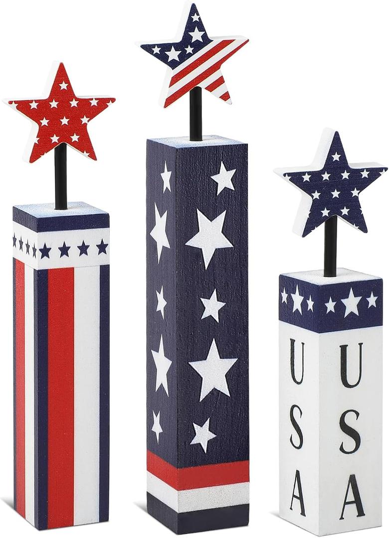 COCHIE 4th of July Decorations Set, Red White Blue Decor, Wooden Patriotic Memorial Day Tiered Tray Decor, Labor Day Decorations, Fourth of July Decoration for Home Office Table (Flag Printed)