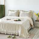 Velvet Duvet Cover Set Retro Ruffle Flounces Trim Luxurious Solid Beige Farmhouse Vintage Comforter Cover Bedding Sets, Matching Shams for Home Bedroom Decor,Queen 90"x90"