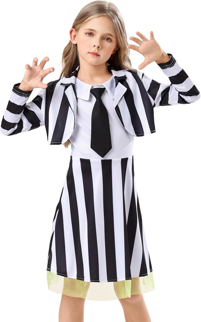 Girls Black White Striped A-Line Tank Dress with Blazer, Character Tank Dress Costume Set 5-14 Years for Halloween