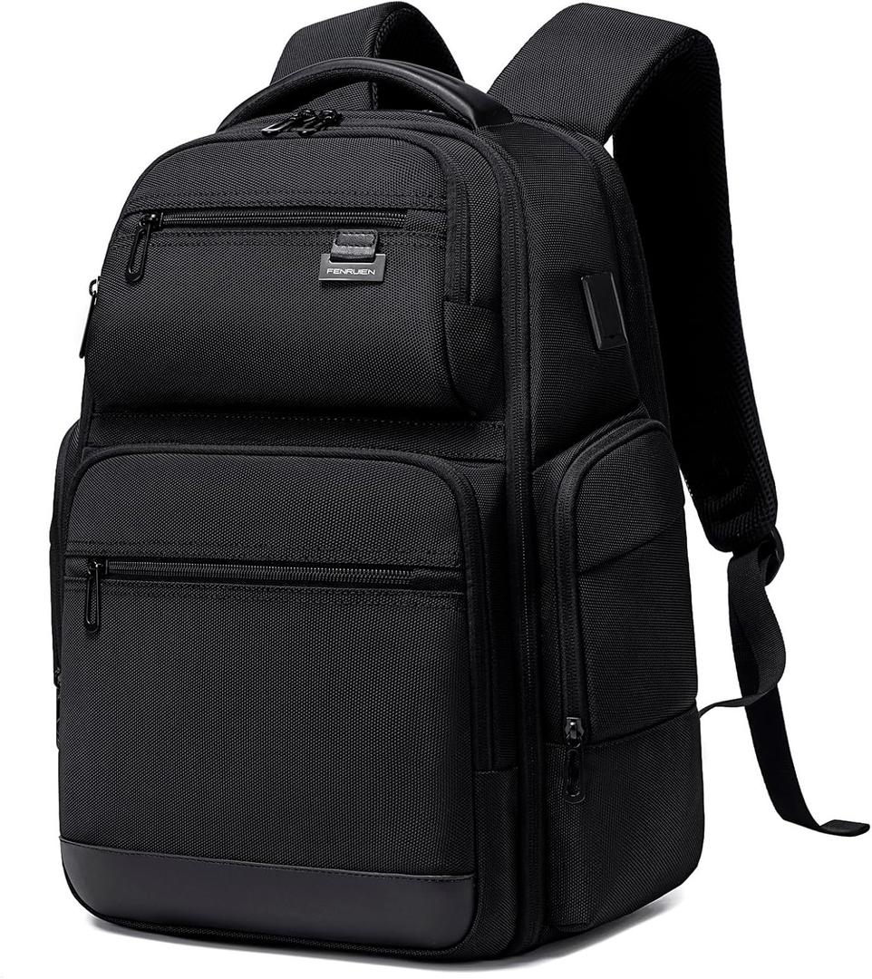 FENRUIEN Business Travel Backpack for Men,Large Capacity Laptop Backpack with USB Charging Port,Multifunctional Water Resistant Expandable Black Bag Fits 15.6 Inch computer