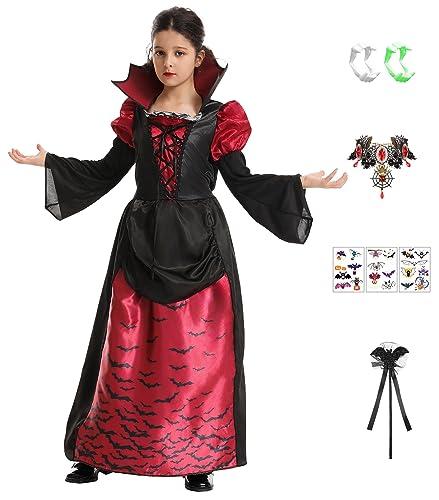 Royal Vampire Costume Girls Kids Halloween Costumes Gothic Victorian Vampiress Queen Role Play Dress with Accessories Bat Wand Choker Glow in The Dark Stickers Teeth HN013M ,7-8Y