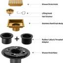 Shower Drain, Brushed Gold 4 inch Shower Floor Square Drain with Flange, Removeable Grid Panel SUS 304 Stainless Steel Square Shower Drain