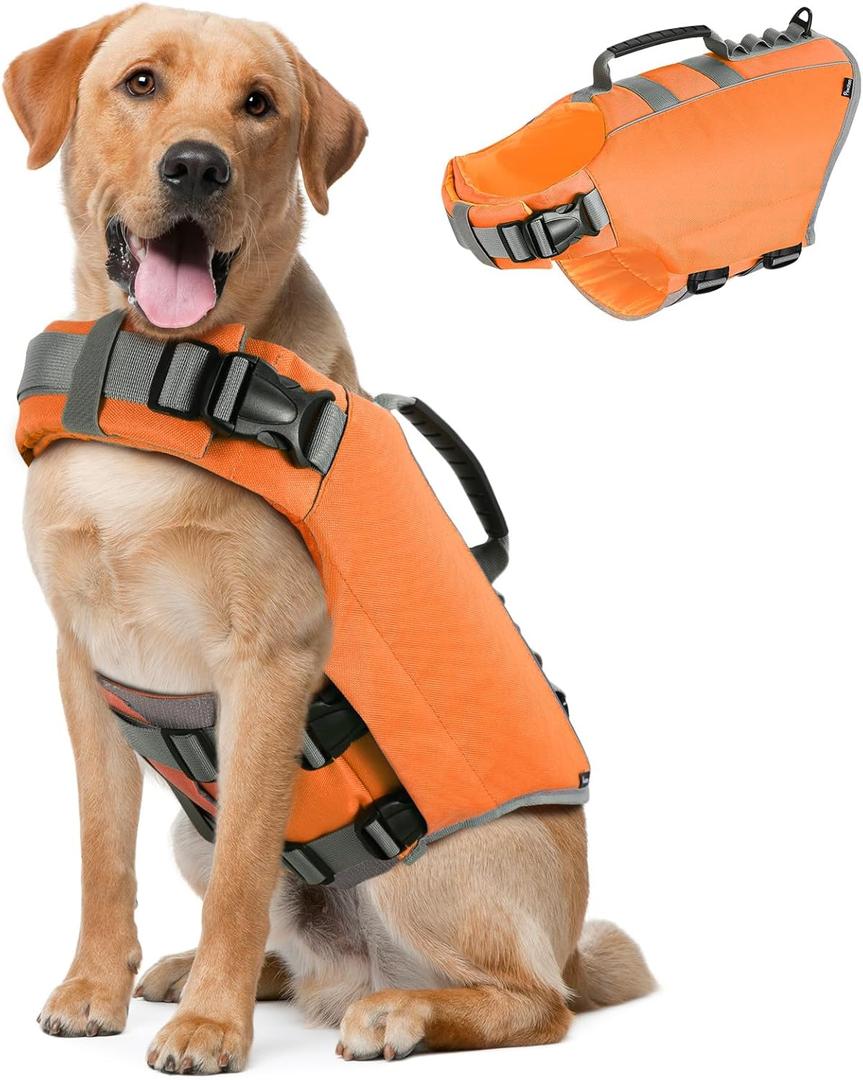 Pawaboo Dog Life Jacket, Reflective Dog Safety Vest Adjustable Pet Life Preserver with Strong Buoyancy & Sturdy Rescue Handle, Ripstop Dog Lifesaver Vests for Swimming, Boating, XL, Orange