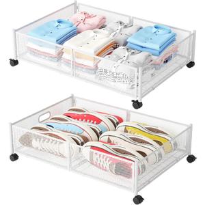 Gawerk Under Bed Storage with Wheels, Foldable Metal Mesh Underbed Storage Container Bins, Tool-free Assembly Clothes Drawer Organizer, 2Pack (White)