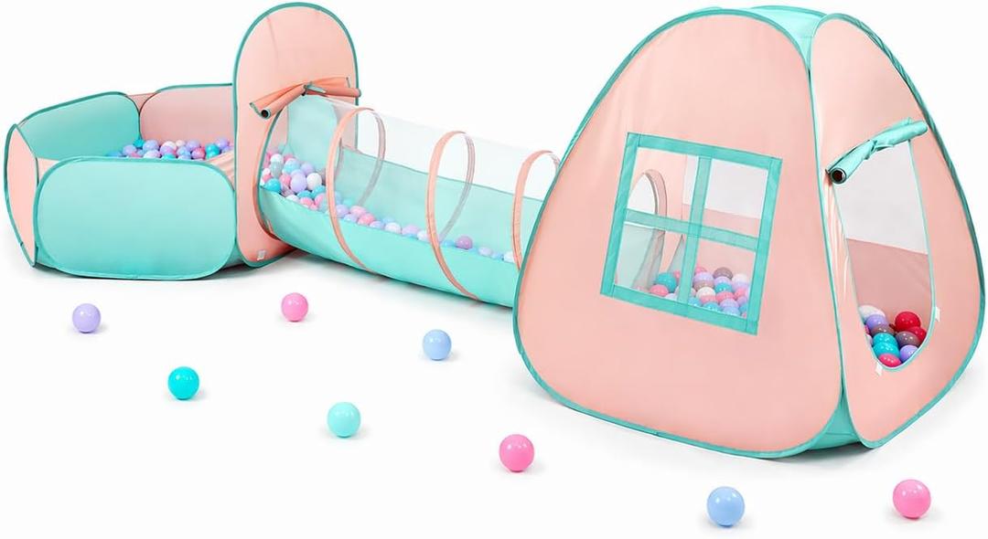 3 in 1 Pop Up Kids Play Tent with Tunnel and Ball Pit for Kids, Boys, Girls, Babies and Toddlers, Indoor/Outdoor Playhouse,Orange Pink/Light Green