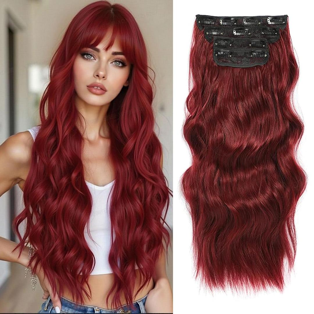 Clip in Hair Extensions 4PCS 200g/5oz Long Wavy Curly Balayage Hair Extensions Clip Ins for Women Thick Double Weft 22 Inch Hairpieces (Wine Red)
