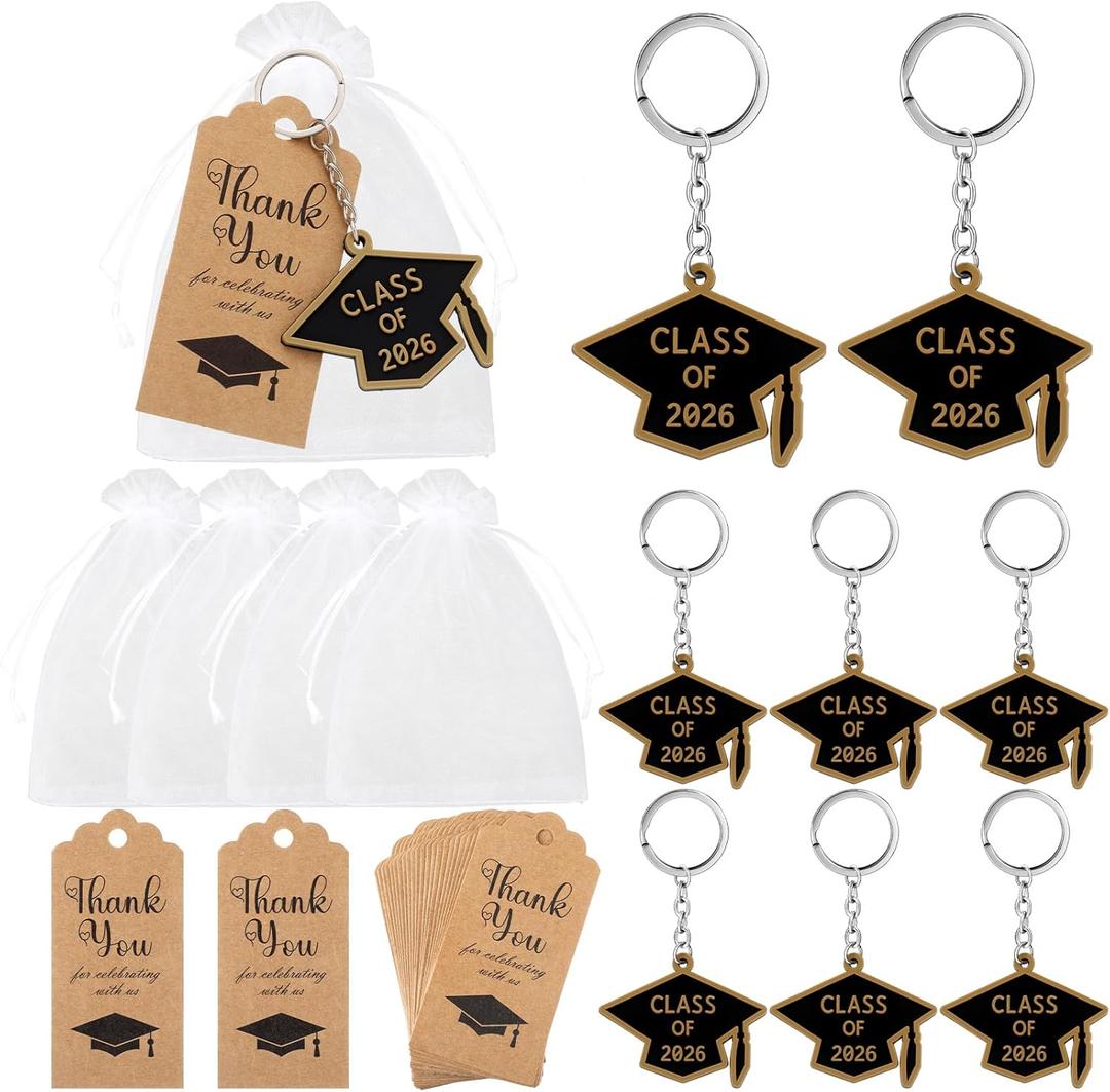 Rtteri 24 Set Graduation Party Favors 2026 Graduation Gifts Keychain Grad Keepsakes Souvenirs Key Rings for Guest Grad Cap Charms Thank You Kraft Tags for College Seniors Accessories(Gold and Black)