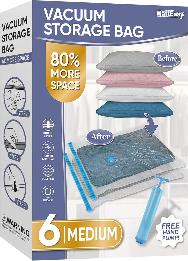 Space Saver Vacuum Storage Bags, 6 Pack Space Saver Bags with Pump, Storage Vacuum Sealed Bags for Clothes, Comforters, Blankets, Bedding (6 Medium)