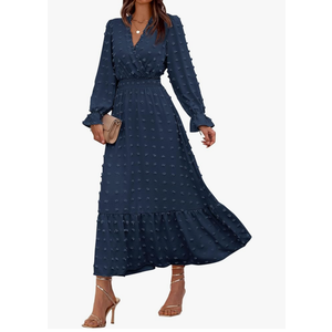 Women Spring Dresses 2025 Long Sleeve V Neck Swiss Dots Maxi Dress Boho Long Dress High Waisted A-Line Ruffle Dress,L