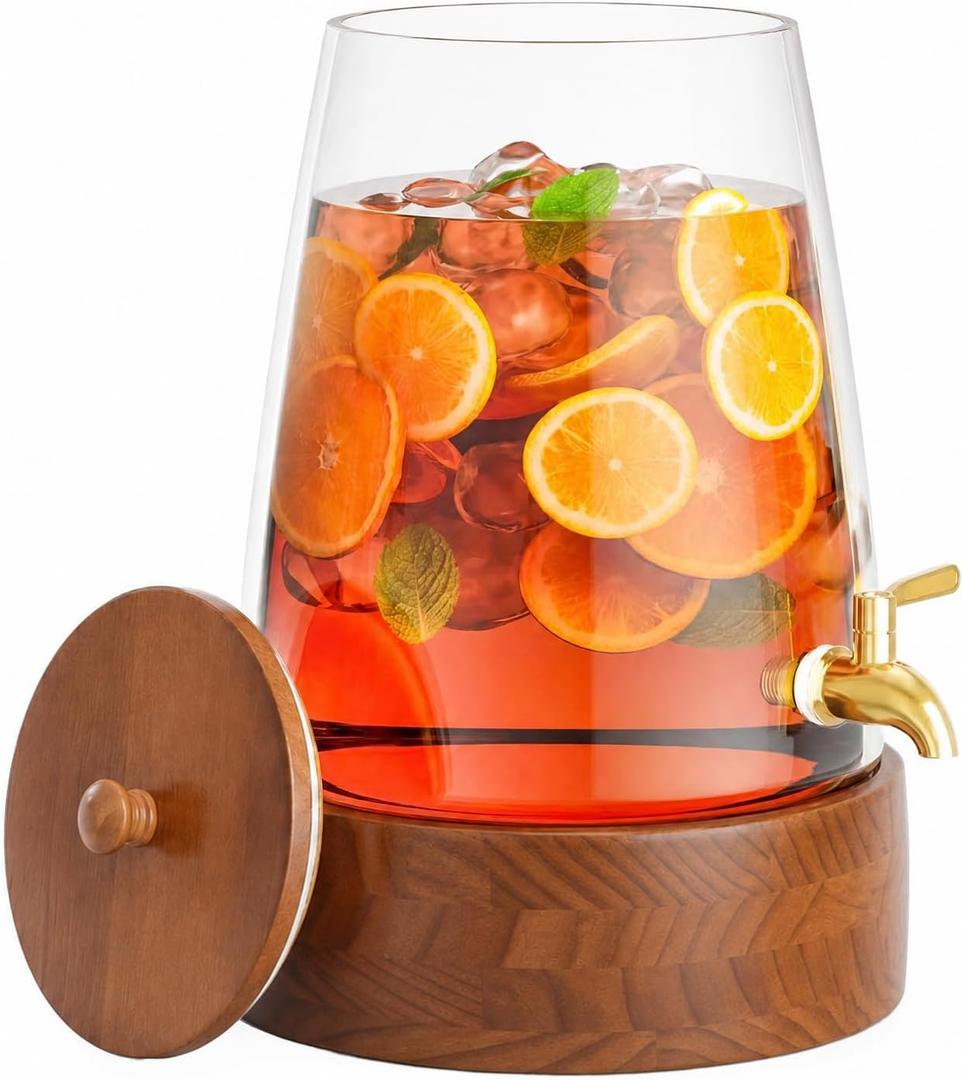 SANYOUNG 2.0 Gallon Glass Drink Dispenser with Spigot - No Assembly Required Leakproof - Beverage Dispenser with Stand, Tapered Pitcher for Lemonade, Sangria, Punch, Tea - Party & Wedding