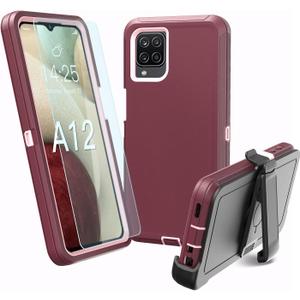 for Samsung Galaxy A12 case, Heavy Duty case,[ with Clip],[Shockproof] [Dropproof] [Dust-Proof] (WineRed-Pink)