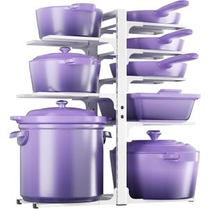 MUDEELA 8-Tier Pots and Pans Organizer under Cabinet, Heavy Duty Adjustable Pot Pan Organizers inside Cabinet, Kitchen Cabinet Organizers and Storage Pot Rack for Big Stockpots, Heavy Cookware, White