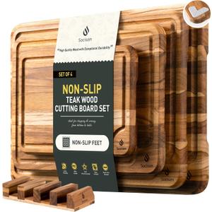 4 Pack Teak Wood Cutting Board Set for Kitchen Heavy Duty Non Toxic Non Slip Solid Thick Wood Haus Chopping Board Extra Large Big Small Meat Best Essential House Warming Hostess Host Gift (Multi-Size Set | 4 Pack with Holder)