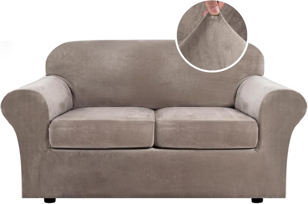 H.VERSAILTEX Real Velvet Plush 3 Piece Stretch Sofa Covers Couch Covers for 2 Cushion Couch Loveseat Covers Width Up to 72 Inch Feature Thick Soft Stay in Place (Medium Sofa, Taupe)