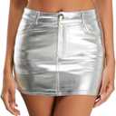 Metallic Shiny Skirts Y2K Low Waist Sparkly Rave Bodycon Mini Cargo Skirts with Pocket (Gray, L)