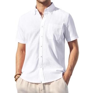 Alimens & Gentle Mens Linen Shirt Short Sleeve Casual Cotton Button Down Shirts Collared Summer Beach Shirts (3X-Large, White)
