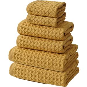 SK Studio 6 Piece Waffle Bath Towel Set, Cotton Hotel Large Absorbent Quick Dry with 2 Towels, 2 Hand Towels, 2 Washcloths for Spa Yellow