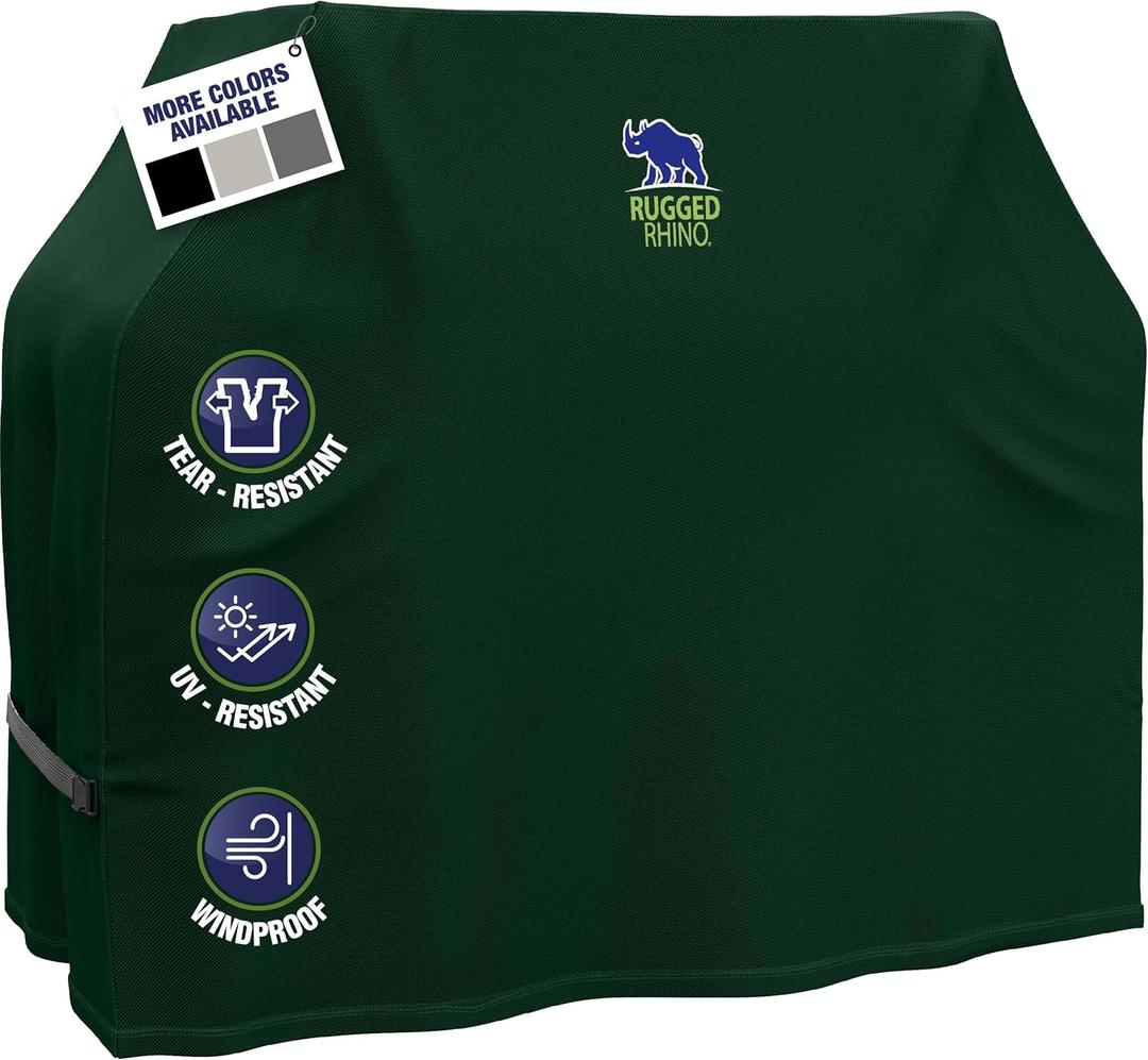 Rugged Rhino Heavy Duty Grill Cover for Outdoor Grills, All Season Three Layer Waterproof Covers, UV Resistant, Windproof, Secure Buckle Closure, Grilling, Griddle, Outside Storage, 58x24x48, Green