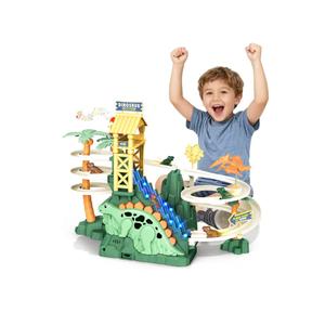 Dinosaur Race Track - Climbing Slide Stair Toy for 3 4 5 Year Old Boys Birthday Gift, Sliding Car Dinosaur Toy Track with Music and Light, Dino Game Boy Toys Age 4-7 (Green)
