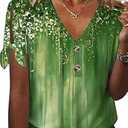 HOMEYEE Women's Summer All Over Print Casual V-Neck T-Shirt Tops with Button Detail (Green, S)