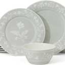 Martha Stewart Dinnerware Set - Maiden Crown 12-Piece Dish Set, Sage Green – New Bone China Ceramic Plates & Bowls – Floral Design – Service for 4 – Microwave & Dishwasher Safe