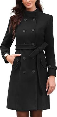 Women's Casual Thicken Wool Blend Stand Collar Single Breasted Pea Coat, XL