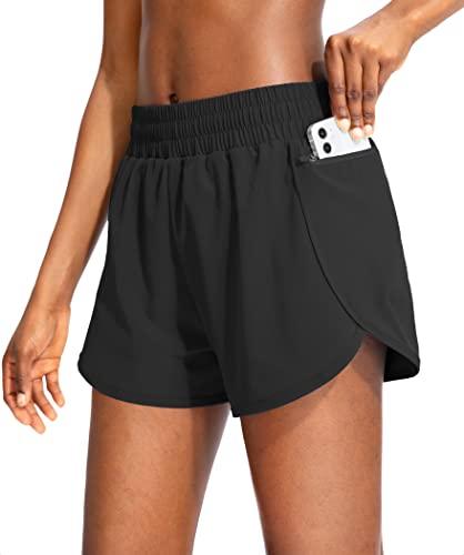 Soothfeel Womens Running Shorts with Zipper Pockets High Waisted Athletic Gym Workout Shorts for Women with Liner Black, M