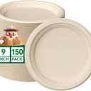 JOLLY CHEF 100% Compostable Paper Plates, 150 Pack 9 Inch Heavy Duty Plates, Disposable Biodegradable Eco-Friendly Sugarcane, Bulk Nature