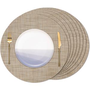Banchif Round Placemats Set of 8 Heat Resistant Vinyl Placemats 15 inch Washable Non-Slip Table Mats Woven Place Mats for Dining Table (Beige, Set of 8)