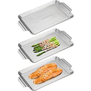 Onlyfire 3 Packs Rectangle Grill Baskets, Stainless Steel Vegetable Baskets, Mini Grilling Basket Set, Grill Pan for Outdoor Grill