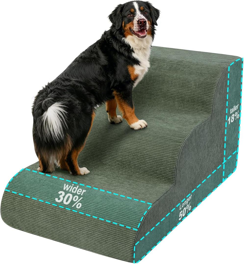 Large Dogs Stairs for Bed, Extra Wide Pet Step for Couch or Chair, 100lbs Load Capacity, 3-Step Stable & Sturdy Cat & Dog Ramp for Puppy Small Medium Senior Dog Essentials, Washable Cover, Green