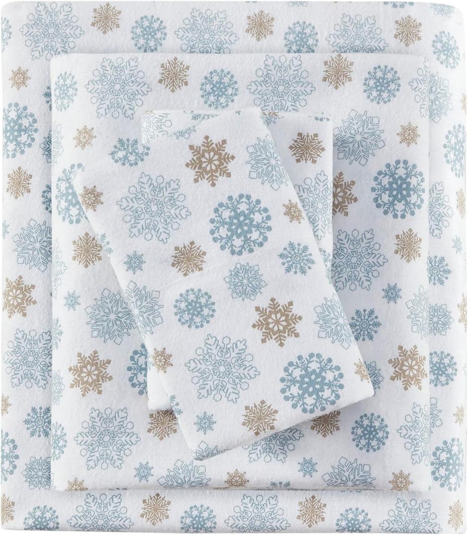 True North by Sleep Philosophy Cozy Flannel Warm 100% Cotton Sheet - Novelty Print Animals Stars Cute Ultra Soft Cold Weather Bedding Set, Twin, Tan/Blue Snowflakes 3 Piece