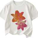 RoseSeek Girl's Cherry Leopard Shirt Short Sleeve Loose Cute Summer T Shirt Trendy Aesthetic Baggy Tops (White)