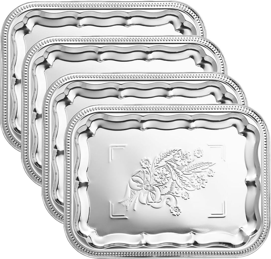 4-Pack 15.7" x 11.8" Large Silver Serving Trays Set - Floral Pattern Engraved Mirror Tray, Holiday & Party Tableware Platters for Whiskey, Cookies, Charcuterie, Snacks, Desserts, Party Food Display